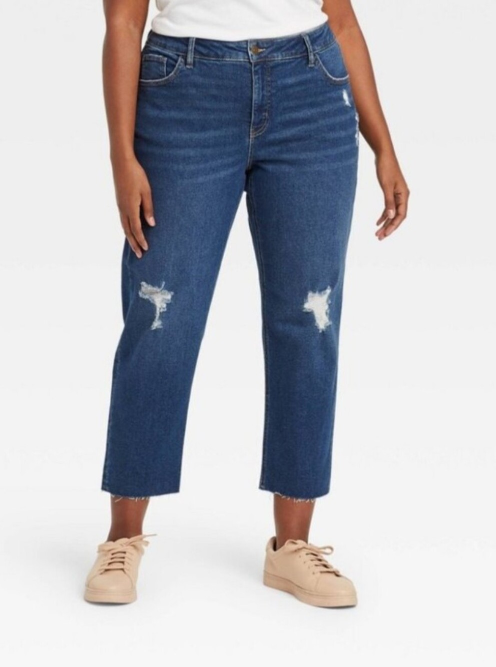 AVA & VIV Mid Rise Slim Straight Crop Jeans Distressed Raw Hem Blue Size 18W